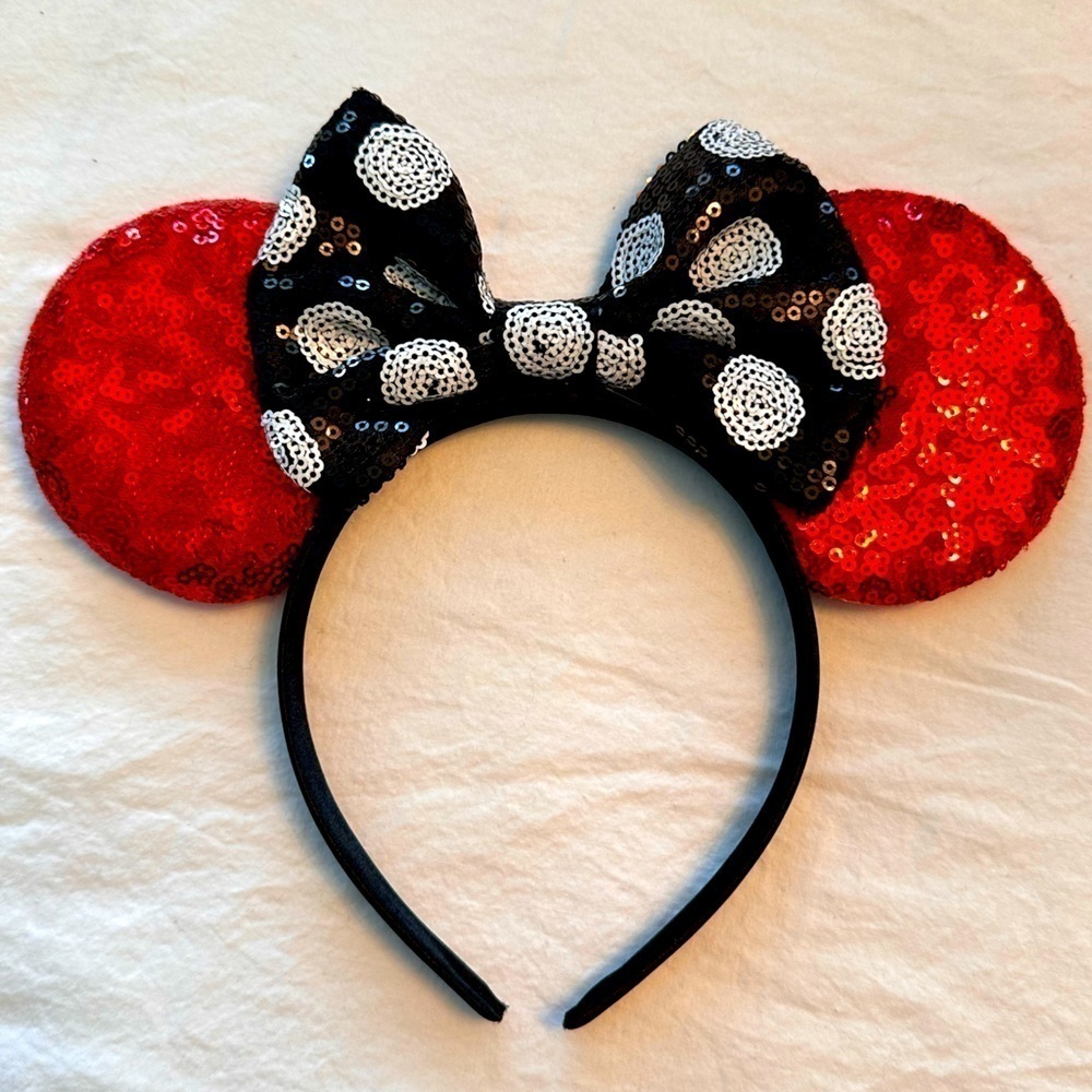 Minnie Mouse Ears Red w/Black & White Bow Tie All Sequined